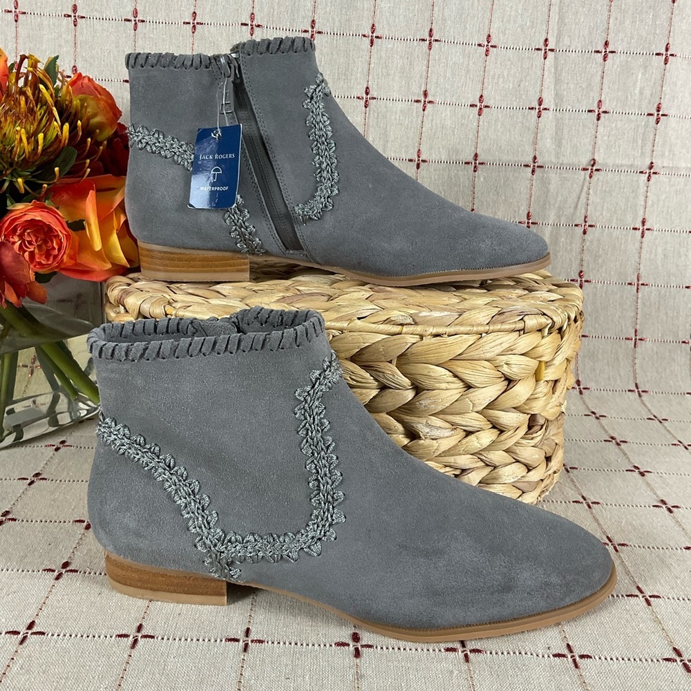 Jack Rogers “Gemma” Grey Suede Ankle Boots Side Zip Designer Stitch Booties 6.5 - Picture 3 of 7